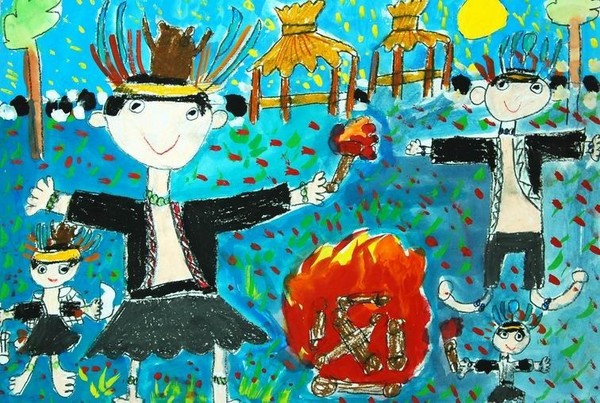 廣原國小三年級的小朋友王智鵬，作品名為「獵人回來的時候」，展現布農族的生活。http://travel.ettoday.net/article/12216.htm